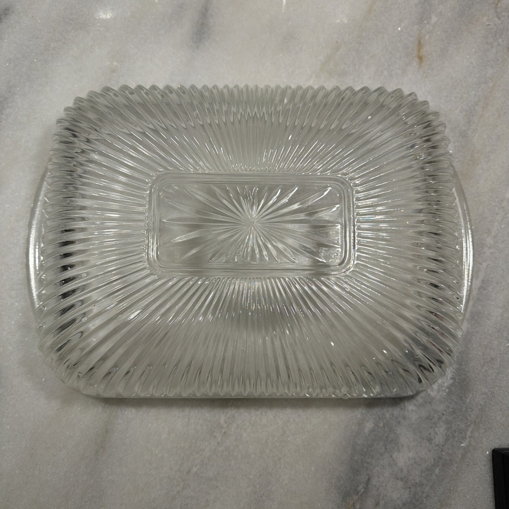 Vtg Oven-proof Ribbed Casserole Dish Rectangle 14x8" MCM Vtg Pressed Glass GW996 - Picture 7 of 10